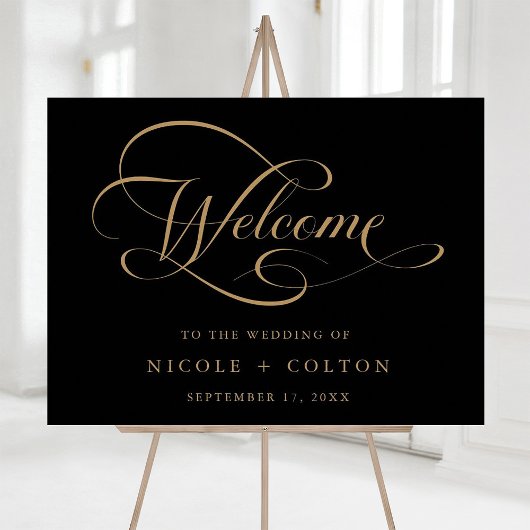 Affiche de bienvenue Mariage de script Gold & Blac