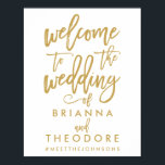 Affiche de bienvenue Mariage d'or lettres main chi<br><div class="desc">Panneau de mariage de bienvenue personnalisé avec noms et hashtag en or et blanc.</div>