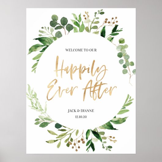 Affiche de bienvenue Mariage d'or vert heureux apr (Devant)