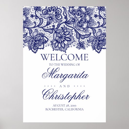 Affiche de bienvenue Mariage en dentelle bleu mari (Devant)
