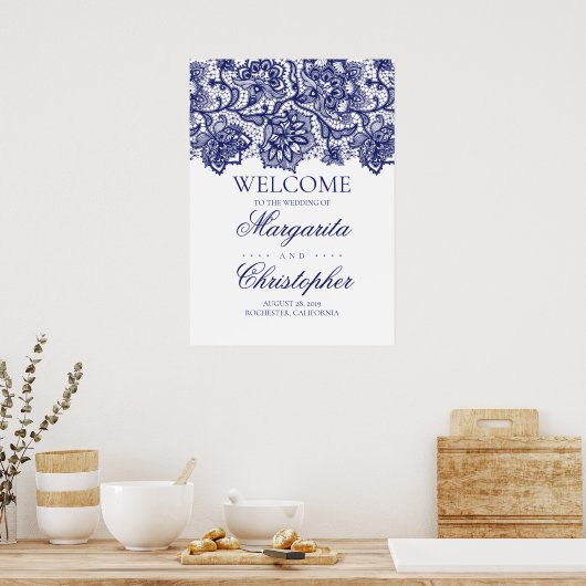 Affiche de bienvenue Mariage en dentelle bleu mari (Cuisine)