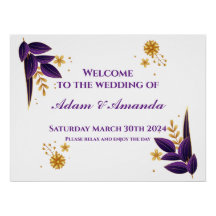 Affiche de bienvenue mariage - Floral violet et or