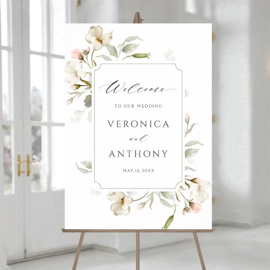 Affiche de bienvenue Mariage florale blanche éléga