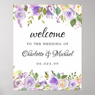 Affiche de bienvenue Mariage florale violet et ivo