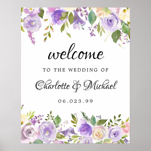 Affiche de bienvenue Mariage florale violet et ivo (Devant)