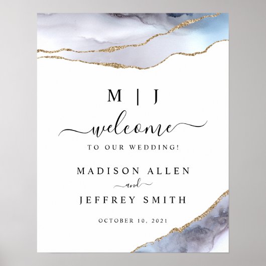 Affiche de bienvenue Mariage Gold & Navy Blue Agat (Devant)