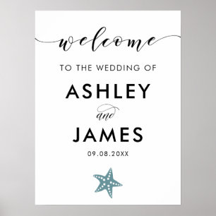 Affiche de bienvenue Mariage Gris Blue Starfish