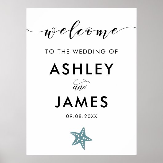 Affiche de bienvenue Mariage Gris Blue Starfish (Devant)