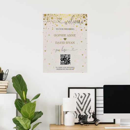 Affiche de bienvenue Mariage moderne QR Code Gold  (Bureau à domicile)