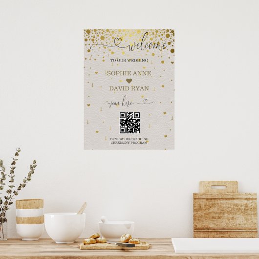 Affiche de bienvenue Mariage moderne QR Code Gold  (Cuisine)