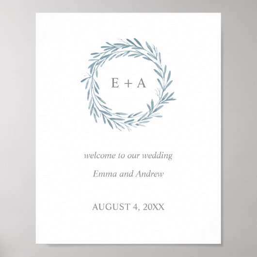 Affiche de bienvenue mariage - Monogram Blue Wreat (Devant)