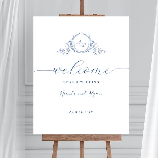 Affiche de bienvenue Mariage Monogramme bleu verti