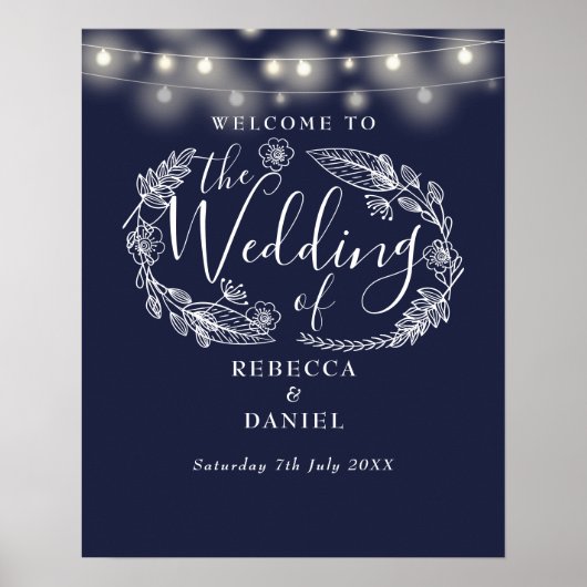 Affiche de bienvenue Mariage Navy Blue String Ligh (Devant)