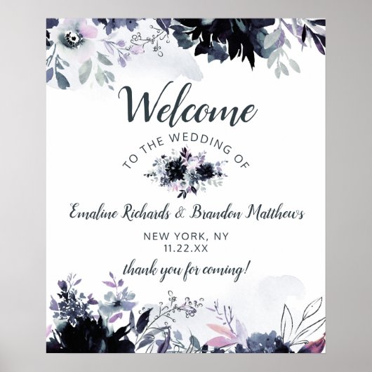 Affiche de bienvenue Mariage Nocturne Floral Navy (Devant)