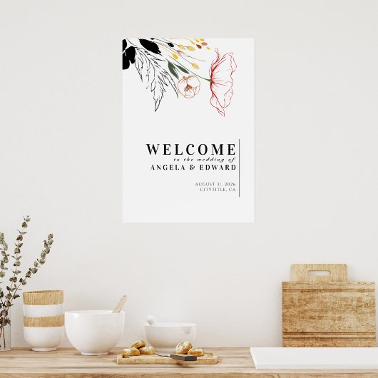 Affiche de bienvenue Mariage noir fleur sauvage (Cuisine)
