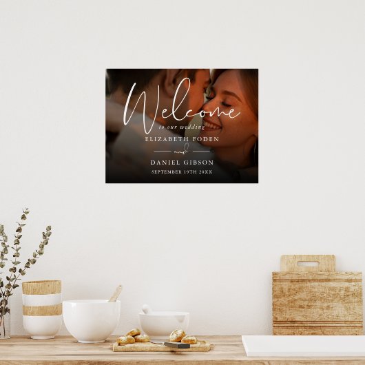 Affiche de bienvenue Mariage photo en script blanc (Cuisine)