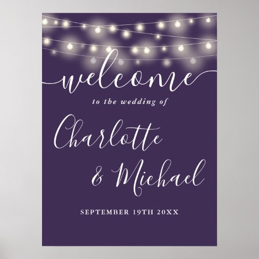 Affiche de bienvenue Mariage Purple String Lights (Devant)