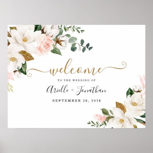 Affiche de bienvenue Mariage rose et or floral (Devant)
