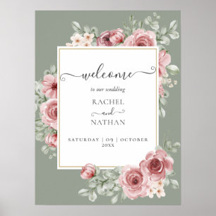 Affiche de bienvenue Mariage rose Floral Sage Gree