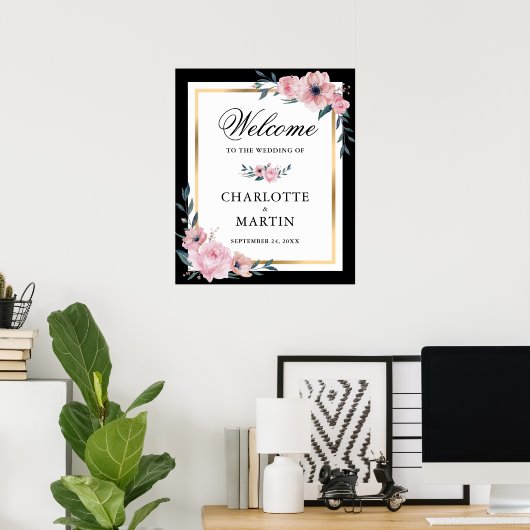 Affiche de bienvenue Mariage rose noir bleu or flo (Bureau à domicile)