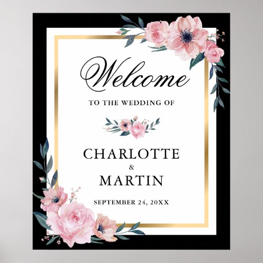 Affiche de bienvenue Mariage rose noir bleu or flo (Devant)