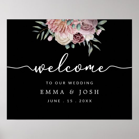 Affiche de bienvenue Mariage rose rustique noir (Devant)