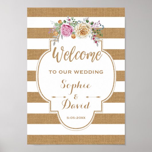 Affiche de bienvenue Mariage Rustic Floral Burlap (Devant)