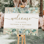 Affiche de bienvenue Mariage Rustic Gold Green<br><div class="desc">Ce panneau d'accueil mariage présente une aquarelle peinte de la verdure botanique et de l'eucalyptus sur un arrière - plan imitation papier kraft. Pour une personnalisation plus avancée de cette conception,  cliquez sur le lien Personnaliser supplémentaire pour modifier la police,  la taille et la couleur.</div>