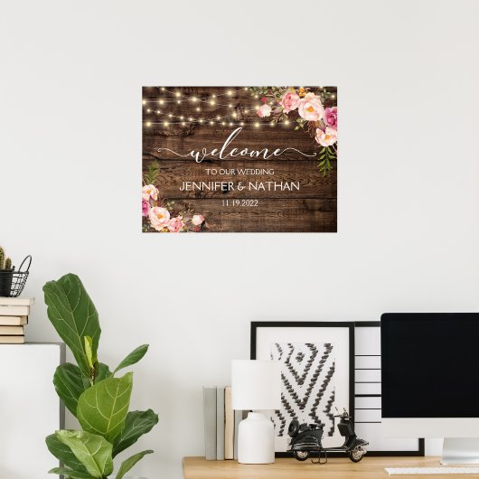 Affiche de bienvenue Mariage Rustic String Lights (Bureau à domicile)