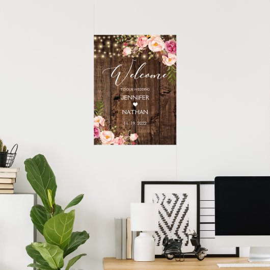 Affiche de bienvenue Mariage Rustic String Lights (Bureau à domicile)