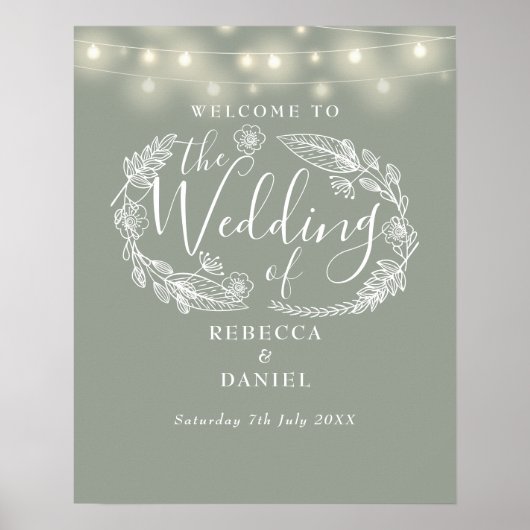 Affiche de bienvenue Mariage Sage Green String Lig (Devant)