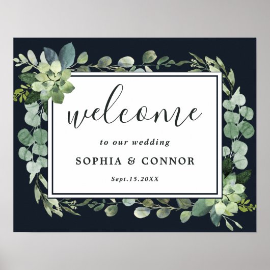 Affiche de bienvenue Mariage Succulent Bleu minuit (Devant)