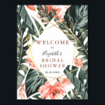 Affiche de bienvenue mariage Tropical Floral Gold<br><div class="desc">Flore tropicale avec cadre doré et Fleurs roses rousses Affiche de bienvenue pour votre mariage décoré de feuilles de palmiers,  fleurs tropicales et texte manuscrit bordeaux. Parfait pour une douche nuptiale moderne d'été dans un style tropical. C'est facile à personnaliser.</div>