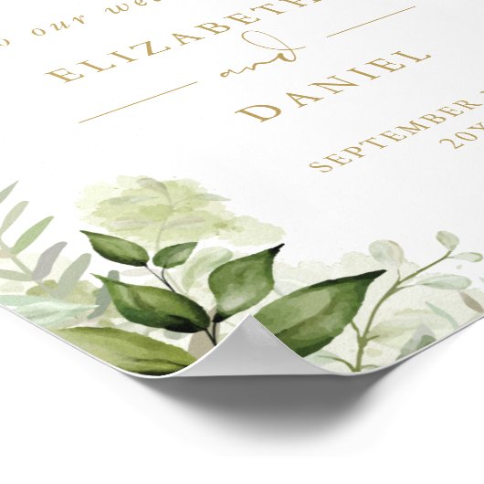 Affiche de bienvenue or Mariage de feuillage vert (Coin)