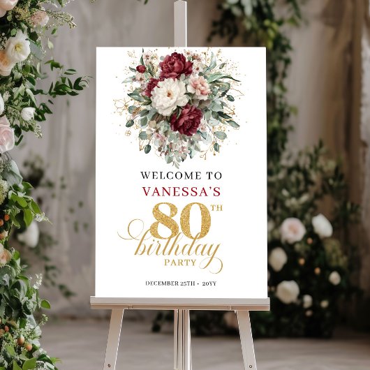 Affiche de bienvenue pour 80 ans avec fleurs borde