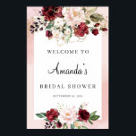 Affiche de bienvenue pour une fête prénuptiale flo<br><div class="desc">Fleurs roses et roses de Bourgogne disposées dans un style boho avec des étincelles de paillettes d'or - pancarte de bienvenue parfaite pour votre fête prénuptiale</div>