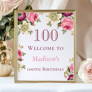 Affiche de bienvenue rose florale 100e anniversair