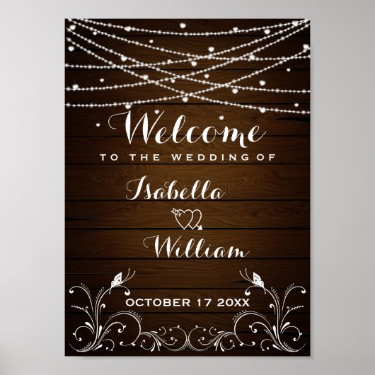 Affiche de bienvenue | Rustic String Lights Hearts (Devant)