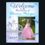 Affiche de bienvenue Turquoise & Blue Quinceañera<br><div class="desc">Bienvenue à vos invités de Quinceañera avec une charrue glittery entourée de libellules bleues et turquoise. Aquarelle texture avec parties scintillant chariot de cheval sera belle avec invitations assorties, cartes rsvp, enveloppes, étiquettes et autocollants. Ajoutez facilement votre photo et transférez cette dragonfly bleue lunatique et la conception de la calèche...</div>