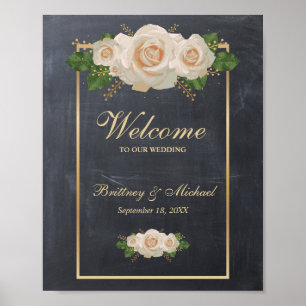 Affiche de bienvenue White Roses Gold Frame   MARI