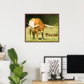 Affiche de bovins Longhorn Texas (Bureau à domicile)