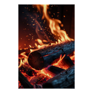 Affiche de bûches en feu – Feu et étincelles brill