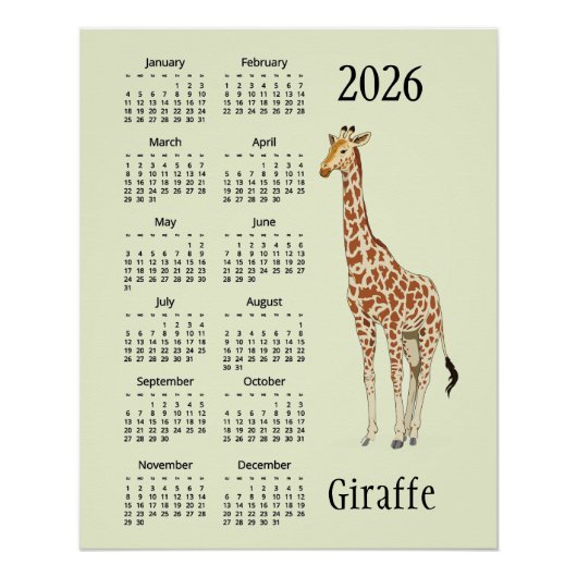 Affiche de calendrier 2026 à motif de girafe (Devant)