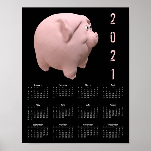 Affiche de calendrier 3D drôle cochon 1 noir 2021 (Devant)