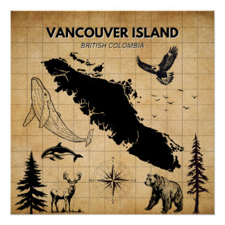 Affiche de carte ancienne de l'île de Vancouver 
