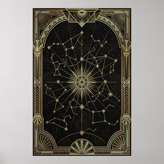 Affiche de carte céleste des étoiles Art Déco | Ve (Devant)