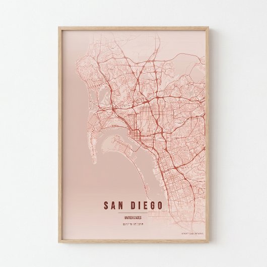 Affiche de carte de corail de San Diego, cadeau de