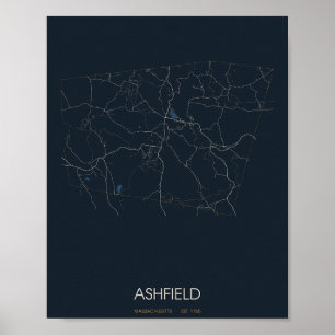 Affiche de carte de rue d'Ashfield Massachusetts (