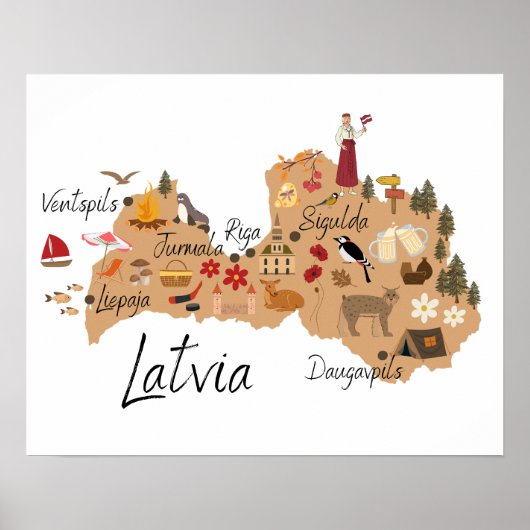 Affiche de carte de voyage de Lettonie (Devant)