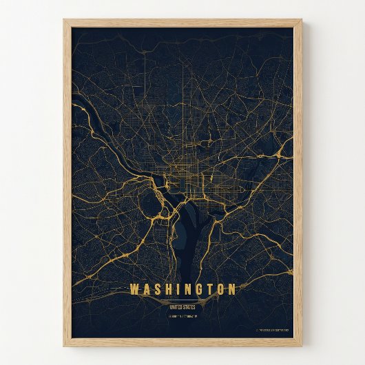 Affiche de carte de Washington D.C. en or, cadeau 